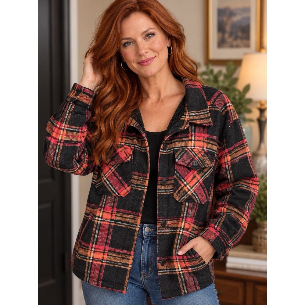 Plaid Sherpa Lined Shirt Jacket Shacket Black Red Tan Women's Size M Cozy Fall